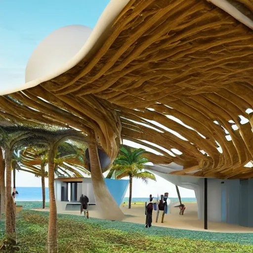 Prompt: architectural renderings, a seaside visitor center consisting of three mushroom - shaped buildings on the blue sea with tall coconut trees ， detailed