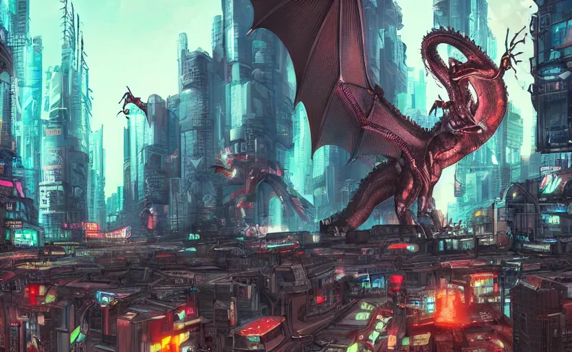 Image similar to A dragon in a cyberpunk city with cyborgs and humans looking in amazement, illustration, artstation, detailed