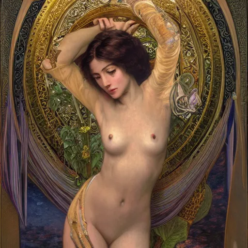 Image similar to an portrait of a beautiful alluring female goddess, detailed, centered, digital painting, artstation, concept art, donato giancola, Dante Gabriel Rossetti, alphonse mucha, Joseph Christian Leyendecker, WLOP, Boris Vallejo, Annie Leibovitz and Steve McCurry, David Lazar, Jimmy Nelsson, Breathtaking, 8k resolution, extremely detailed, beautiful, establishing shot, artistic, hyperrealistic, beautiful face, octane render