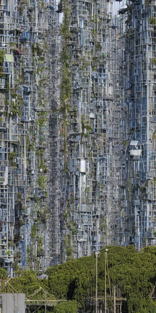 Prompt: a detailed elevational photo by Andreas Gursky of tall and slender futuristic mixed-use towers emerging out of the ground. The rusty industrial towers are made of metal scaffolding and multicolored tarps. The towers are covered with trees and ferns growing from scaffolding, floors, and balconies. The towers are bundled very close together and stand straight and tall. The towers have 100 floors with deep balconies and hanging plants. Cinematic composition, volumetric lighting, foggy morning light, architectural photography, 8k, megascans, vray. Sigma 85 mm f/8.