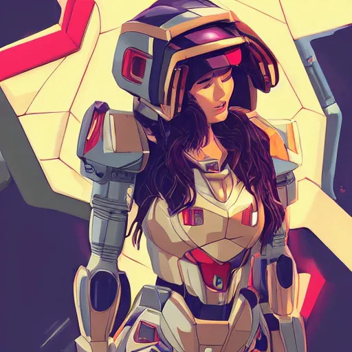 Image similar to portrait of beautiful megan fox gundam pilot, with an intricate, detailed, urban inspired hiphop afro futuristic helmet, vector behance hd jesper ejsing, rhads, makoto shinkai, lois van baarle, ilya kuvshinov, rossdraws, hd, 3 2 k, ilya kuvshinov, gustav klimt