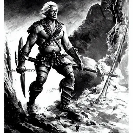 Image similar to Joe Biden as a warrior in a frazetta painting.