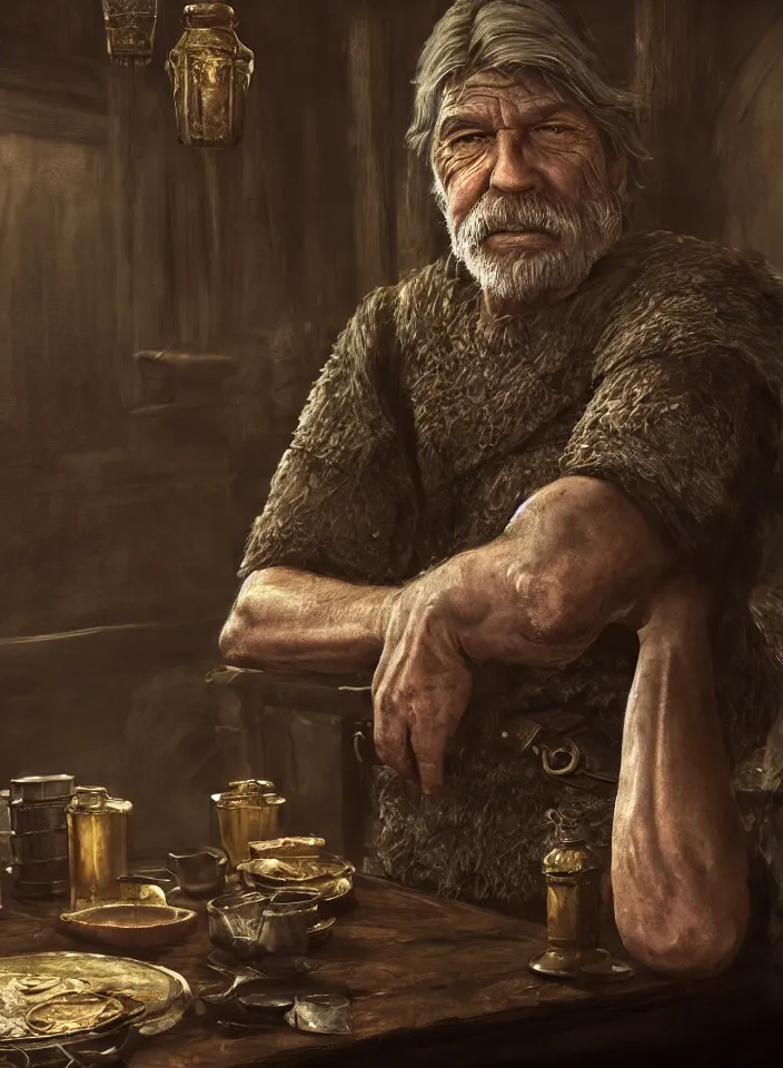 Image similar to a closeup portrait of an older man from skyrim sitting in a tavern, fantasy setting, tavern environment, serene colors, soft lighting, atmospheric, cinematic, moody, in the style of diego koi, gina heyer, luiz escanuela, art by alyssa monk, depth, hyperrealism, rule of thirds, golden ratio, oil on canvas, 8 k