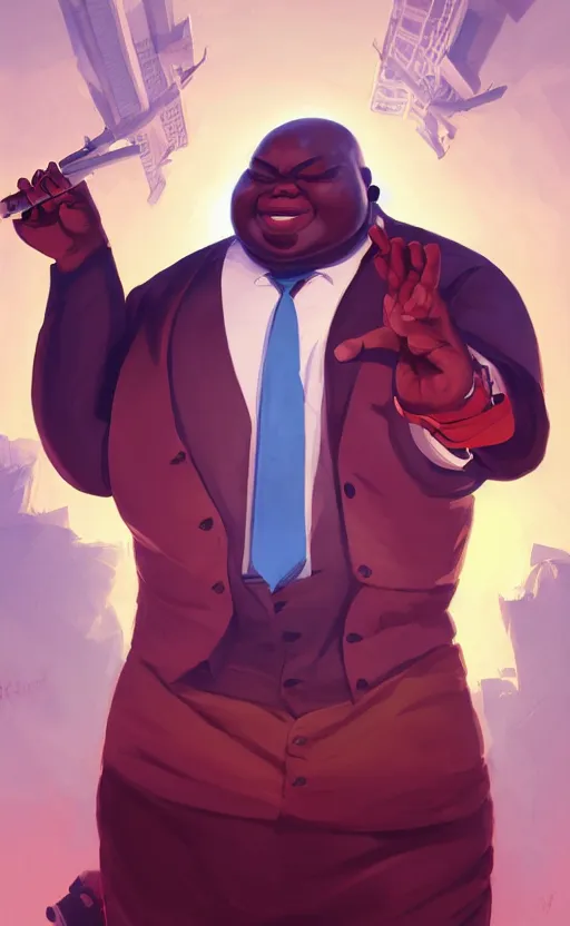 Image similar to overweight afrofuturist tribal afrika villain in business suit, Video game character design , 2d game fanart behance hd by Jesper Ejsing, by RHADS, Makoto Shinkai and Lois van baarle, ilya kuvshinov, rossdraws global illumination