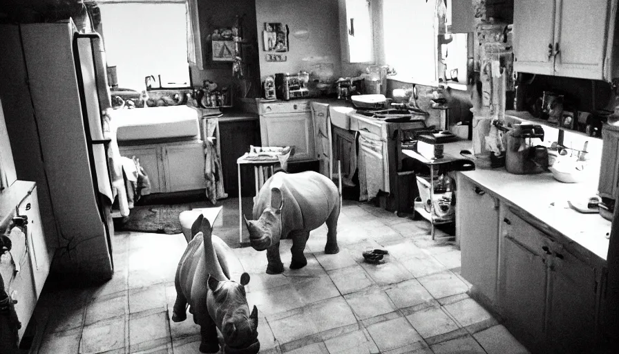 Image similar to a rhinoceros in a grandma kitchen, by mini dv camera, very very low quality, heavy grain, very blurry, accidental flash, webcam footage, found footage, security cam, caught on trail cam