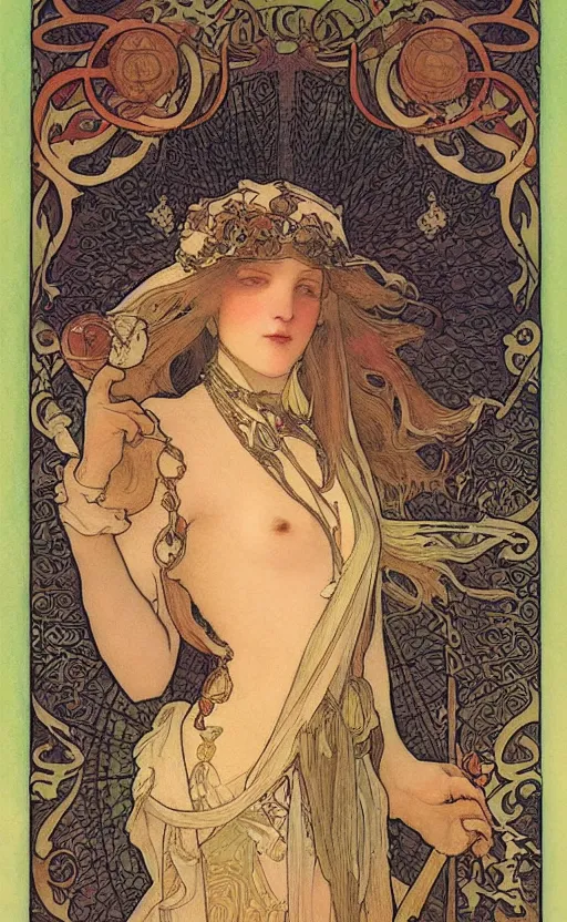 Image similar to the fool tarot, beautiful border, by alfons maria mucha, highly detailded