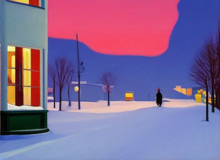 Image similar to a peaceful view of a helsinki on a winter evening, snowfall, cold color scheme, painting by edward hopper