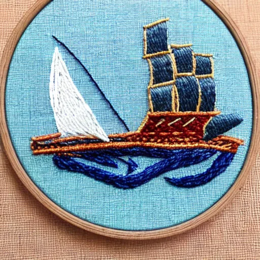 Image similar to a tiny beautiful handmade embroidery of a pirate ship on the ocean. hand embroidery.