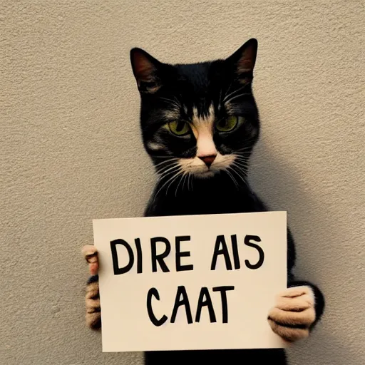 Prompt: realistic high quality photo of a cute cat holding a sign with text that reads : dream, cat, cas, cat cat dreamcats, cats, cas, cas, catss, cats, catscatscats, cats, cat, cats, caaats, cast, cast, cast, caast, cats