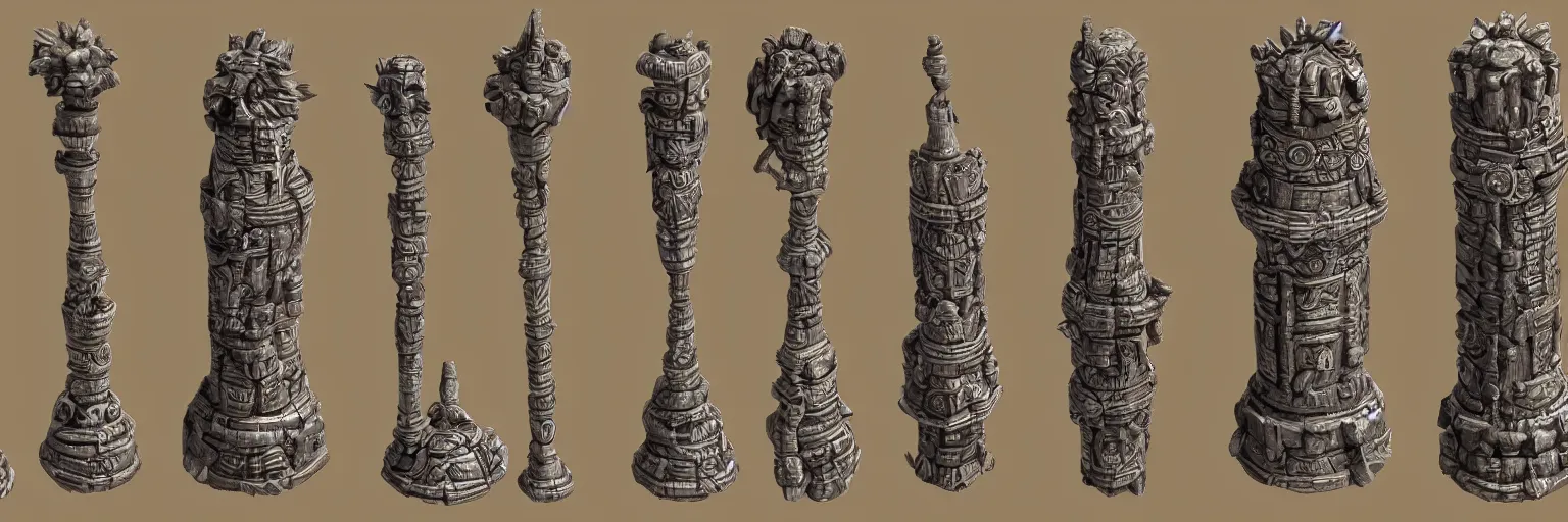 Prompt: game asset, aztec pillar, stylized, toon, 3 d game art, 3 d, cg, cgi, pbr, spread sheet, game design