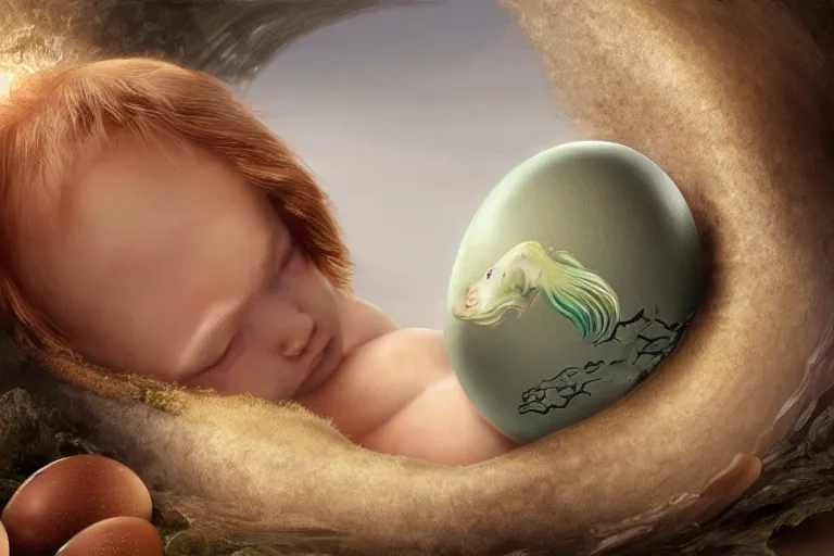 Image similar to a baby mermaid emerging out of an egg, matte painting, concept art, digital art, trending on artstation, 4 k, extremely detailed, realistic, fantasy art, anne geddes