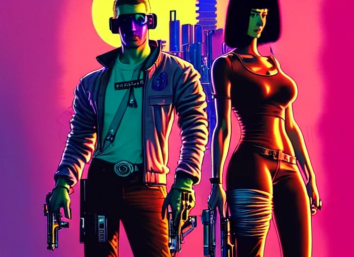 Prompt: cyberpunk gunslingers. portrait by stonehouse and mœbius and will eisner and gil elvgren and pixar. character design. realistic proportions. cyberpunk 2 0 7 7 character art, blade runner 2 0 4 9 concept art. cel shading. attractive face. thick lines. the team. diverse characters. artstationhq.