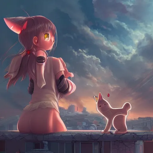 Prompt: nuclear bomb destroying all buildings at the distance, anime girl with her kitty, yumei art, Artstation, pinterest 8k hyper-detailed