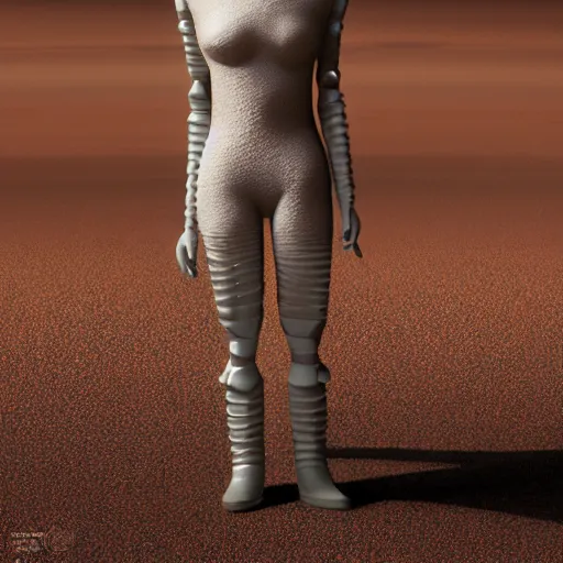 Image similar to a close up of a female fashion model with large eyes, clothes by issey miyake, standing on a martian landscape, cinematic movie scene, inspired by the movie the fifth element, by kim jung gi, hyperrealistic, fine details, octane render, volumetric moody lighting