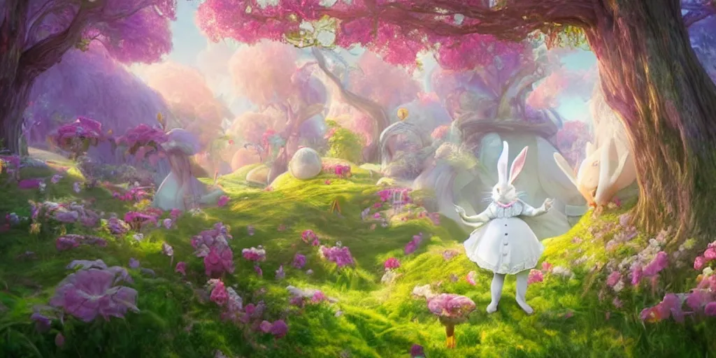 The White Rabbit, Alice in wonderland, colorful, wide, Stable Diffusion