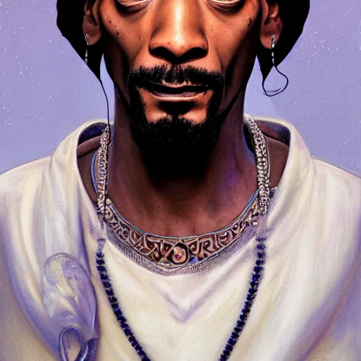 Image similar to beautiful portrait of Snoop Dogg like a ginger white person, face like european, Snoop Dogg blended white face paint, albino pale person like Caucasian race, Caucasoid race, dramatic lighting, intricate, wild, highly detailed, digital painting, artstation, concept art, smooth, sharp focus, illustration, art by artgerm and greg rutkowski and alphonse mucha, aryan man solo footage