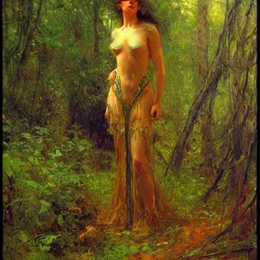 Image similar to humanoid and in a forest, art by gaston bussiere