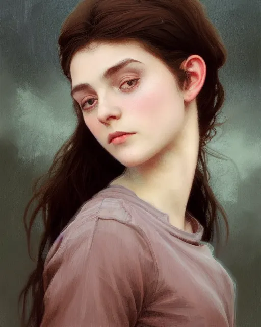 Image similar to portrait of a welsh teenage girl with brown hair, dark brown eyes, glowing skin, delicate features, quiet beauty, amelie poulain, fantasy, intricate, elegant, floral, dress shirt, highly detailed, digital painting, artstation, concept art, smooth, sharp focus, illustration, art by Krenz Cushart and Artem Demura and alphonse mucha