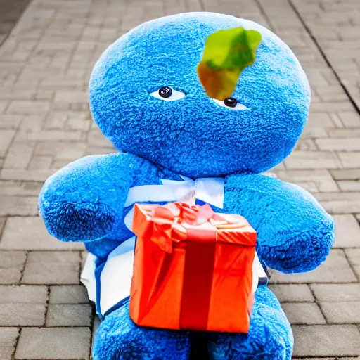 Image similar to blue'snappy gifts'human - sized plush doll, on sidewalk, holding gift, happy atmosphere, high detail, soft lighting, 8 k