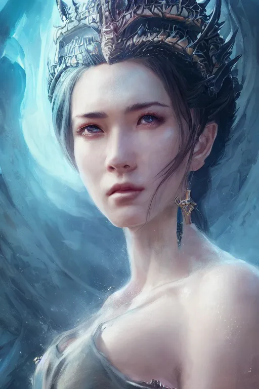 Image similar to a fancy portrait of an attractive dragon queen by Greg Rutkowski, Sung Choi, Mitchell Mohrhauser, Maciej Kuciara, Johnson Ting, Maxim Verehin, Peter Konig, final fantasy , mythical, 8k photorealistic, cinematic lighting, HD, high details, atmospheric,