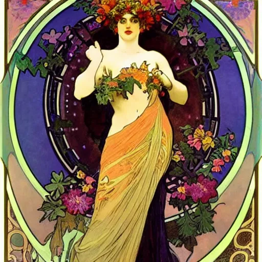 Image similar to persephone as godess of hell and flowers, painted by alphonse mucha