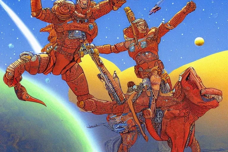 Image similar to beautiful amazons riding dinosaurs on mars against a backdrop of canyons, mercury rainbows in the sky and space fighters shooting, artwork by jean giraud