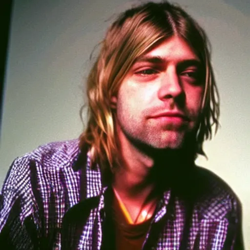 Prompt: Kurt Cobain rock band Nirvana, a colorized photo by David Gilmour Blythe, dribble, neoplasticism, 1990s, associated press photo, masterpiece