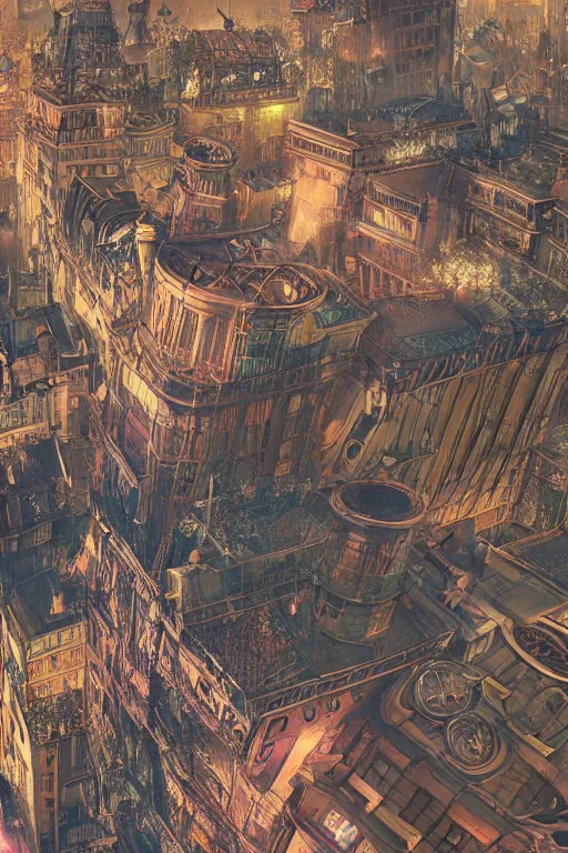 Prompt: colorful aerial vue of steampunk paris, intricate details, realistic shaded , steampunk, highly detailed, artstation, painting by françois Schuiten, octane render, dynamic light, volumetric light, neon lights, cinematic mood