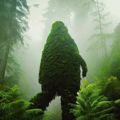 Image similar to a full length portrait of a giant autonomous spaceman in a misty rainforest, surrounded by lush ferns and fir trees. surrounded by mountains and clouds and mist. featured on