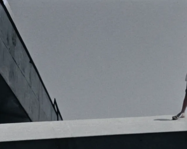 Prompt: a still of a young woman standing on a huge concrete white deck, high above the ground, of a minimalist brutalist beach house, wide angle, clear sky and background, in the music video Wrapped Around your Finger (1983)