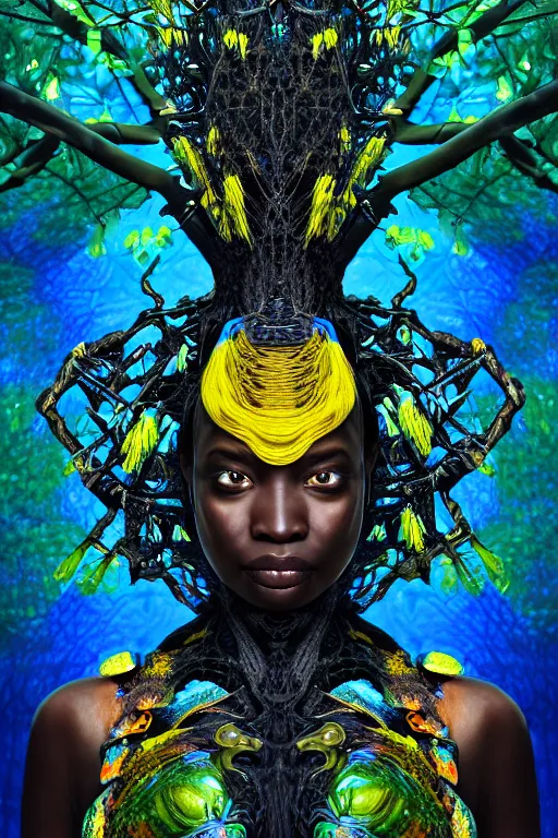Image similar to hyperrealistic post-maximalist super expressive! black woman with exoskeleton armor, merging with tree in a forest, highly detailed digital art masterpiece smooth cam de leon hannah yata dramatic pearlescent blue yellow light ground angle hd 8k sharp focus
