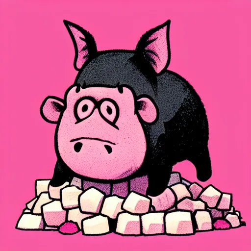 Image similar to comic art of a cute far pig sitting on pile of pink salt, drawn by Alan Moore, vivid color, cgsociety 4K