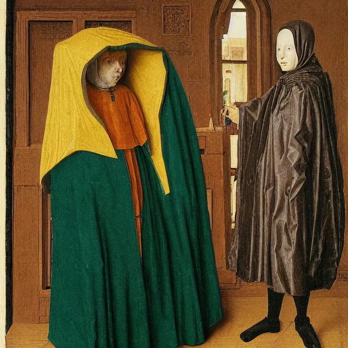 Image similar to a robot wearing a hooded cloak, by Jan van Eyck