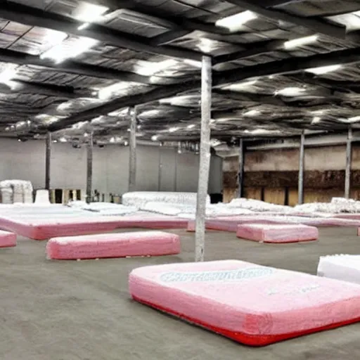 Prompt: a warehouse filled with forts made from mattresses