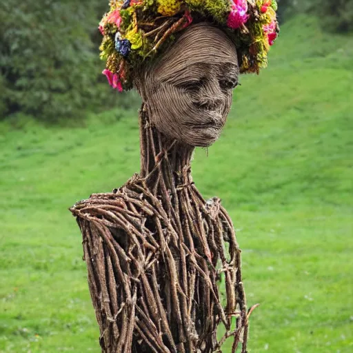 Prompt: anthropomorphic tree woman sculpture made from twigs wearing a crown made of flowers and leaves