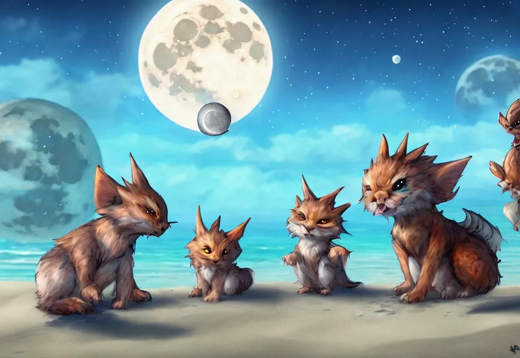 Image similar to cute fantasy critters at the beach looking at the moon, ultra realistic, concept art, highly detailed