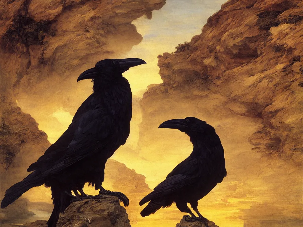 Image similar to a breathtakingly stunningly beautifully highly detailed close up portrait of a raven under a rock arch, epic coves crashing waves plants, beautiful clear harmonious composition, dynamically shot, wonderful strikingly beautiful serene sunset, detailed organic textures, by frederic leighton and rosetti and turner and eugene von guerard, 4 k