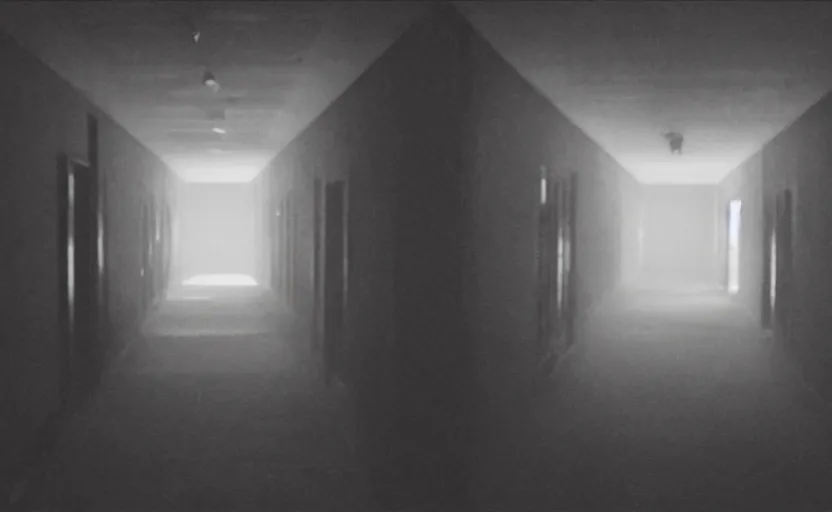 Prompt: ominous found footage screencap of a dark hallway