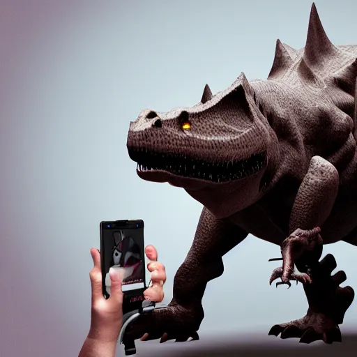 Prompt: photography, 3 d render, cellphone, dinosaur, robot