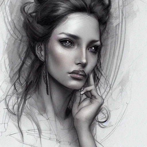 Prompt: a beautiful hyper realistic portrait pencil sketch from a picture of a French nubile with stoic attitude by Peter Mohrbacher Technical drawing blueprint