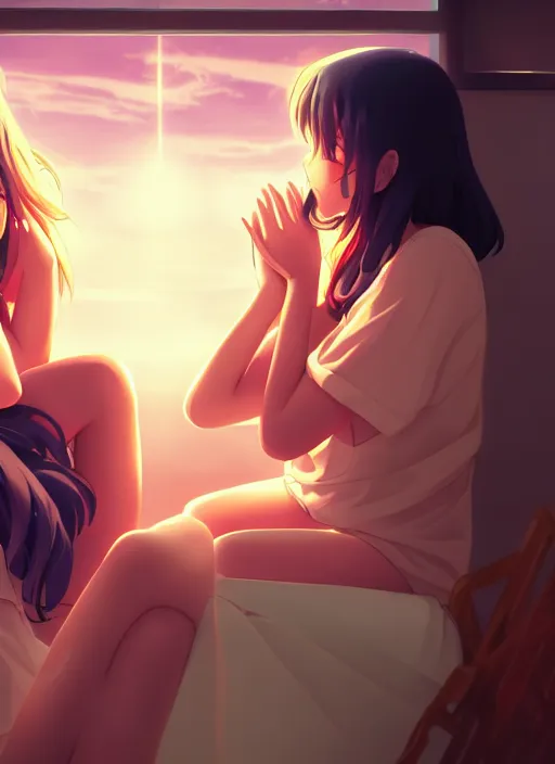 Image similar to two beautiful mothers sitting by a fan on a hot summer evening, gorgeous faces, thick lines, cinematic lighting, detailed anime art,