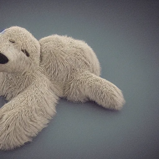 Image similar to a stuffed animal that is laying down on the ground, a microscopic photo by earnst haeckel, trending on cgsociety, furry art, rendered in cinema 4 d, rendered in maya, greeble