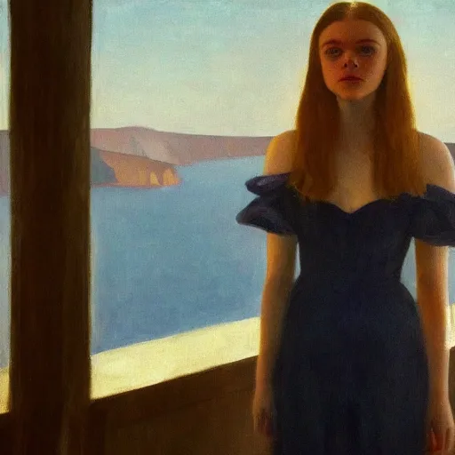 Image similar to Elle Fanning in Santorini at night, head and shoulders portrait, stormy weather, extremely detailed masterpiece, Roger Deakin’s cinematography, oil on canvas, Edward Hopper,