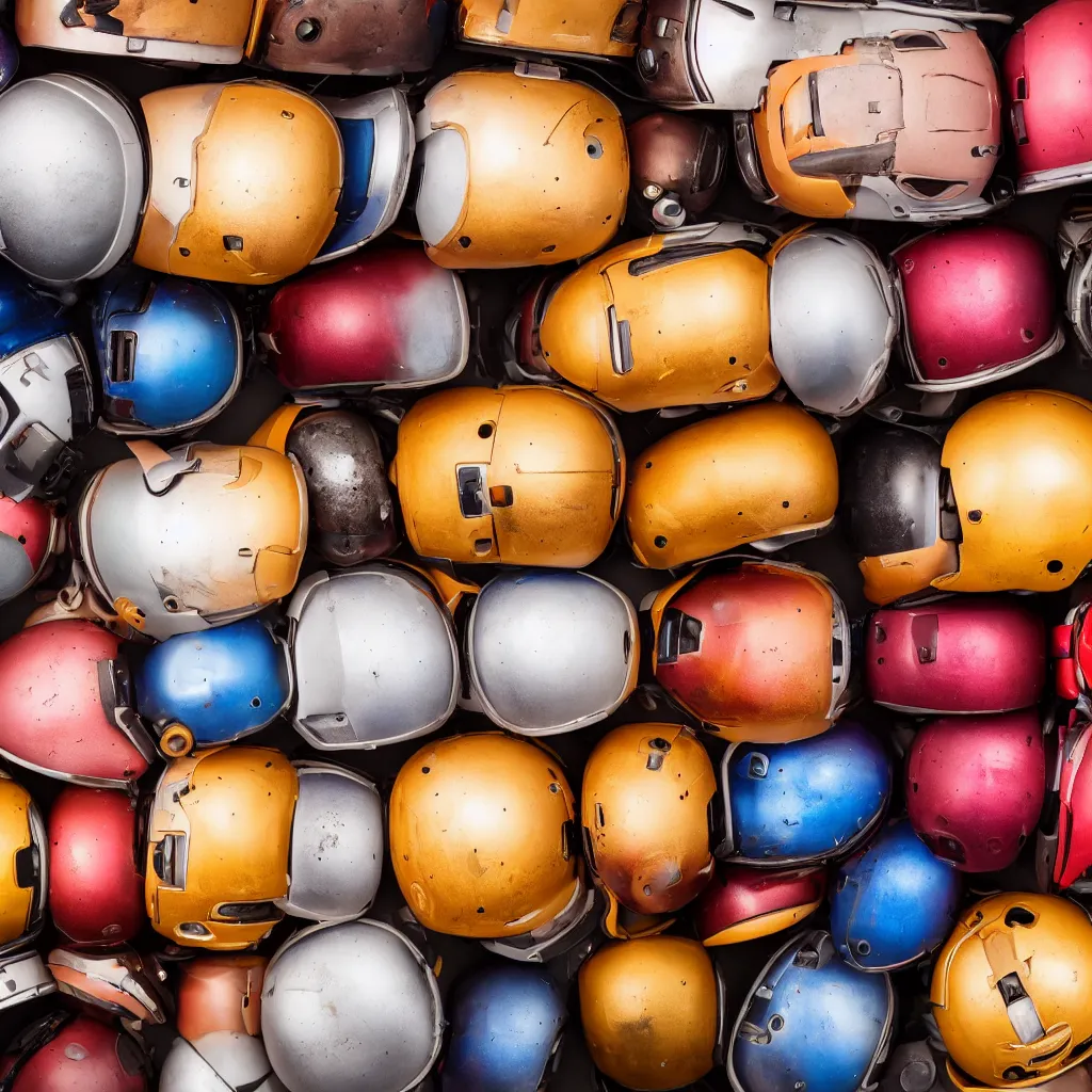 Image similar to a small collection of android helmets, inside different color wooden boxes. top down photo, close macro photo. studio photo, 8k