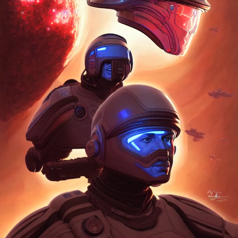 Image similar to portrait of a starship captain with a helmet as an apex legends character digital illustration portrait design by, wayne barlowe detailed, gorgeous lighting, wide angle action dynamic portrait