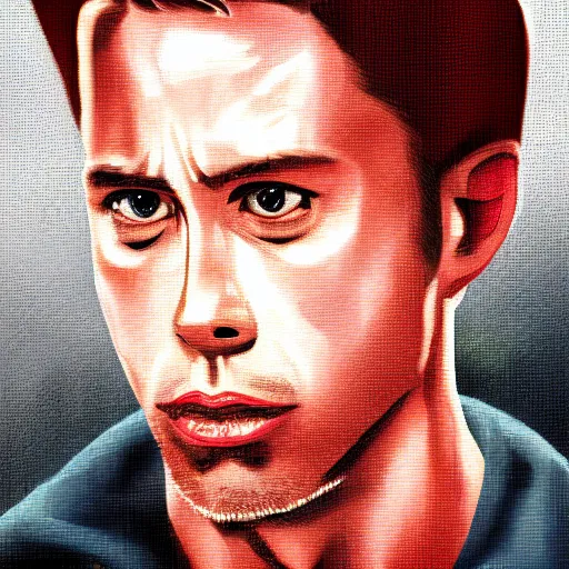 Image similar to portrait of tyler durden from movie fight club, highly detailed, centered, solid color background, digital painting