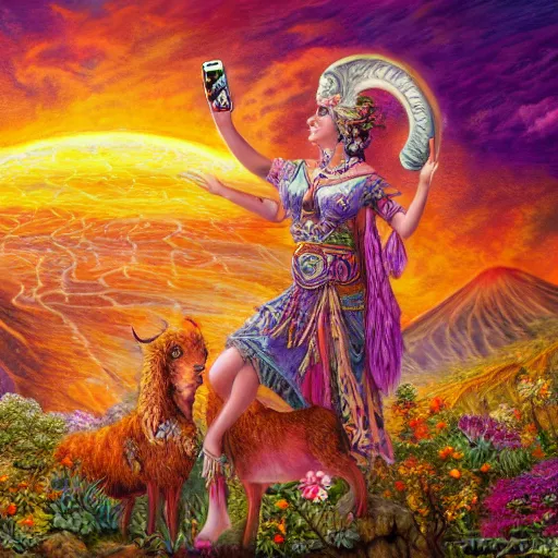 Image similar to a ram goddess checking her cell phone, erupting volcano and sunset in distance in background, flowers in foreground by senior concept artist josephine wall, zodiac, fantasy, acrylic on canvas, intricately detailed, highly detailed, high resolution, hd, 8 k, wallpaper, trending on artstation,