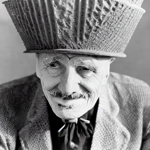 Image similar to detailed 1930s photograph of a wrinkled old man with a tall hat made of waffle cone, filled with huge scoops of real ice cream