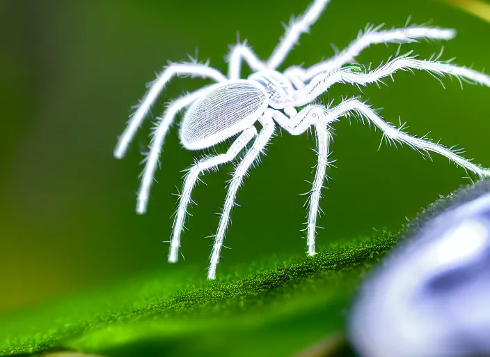 Image similar to super macro of a translucent clear white crystal spider with lcd monitor, in the forest. Fantasy magic style. Highly detailed 8k. Intricate. Nikon d850 300mm. Award winning photography.