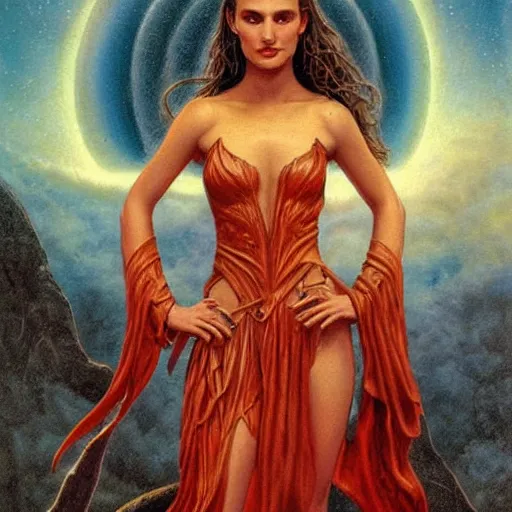 Image similar to portrait of teen natalie portman as a goddess, full body, by gerald brom